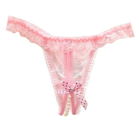 Women's Low Waist Open Crotch Lace Underwear - Pearl Massage Thong - One Size Fits Most