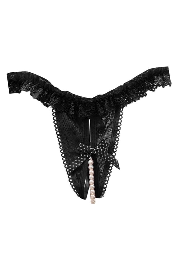 Women's Low Waist Open Crotch Lace Underwear - Pearl Massage Thong - One Size Fits Most