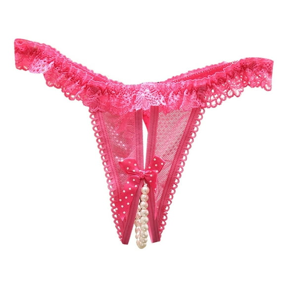 Women's Low Waist Open Crotch Lace Underwear - Pearl Massage Thong - One Size Fits Most