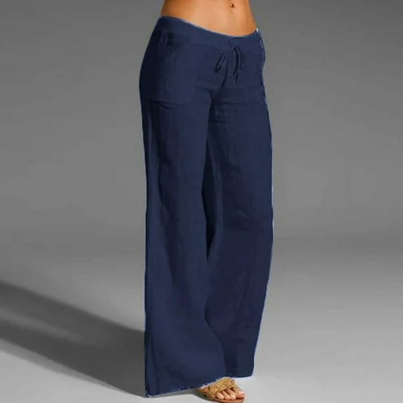 Women's Low Waist Wide Leg Linen Flare Pants Casual Drawstring Loose Plus Size Lounge Trousers with Pockets