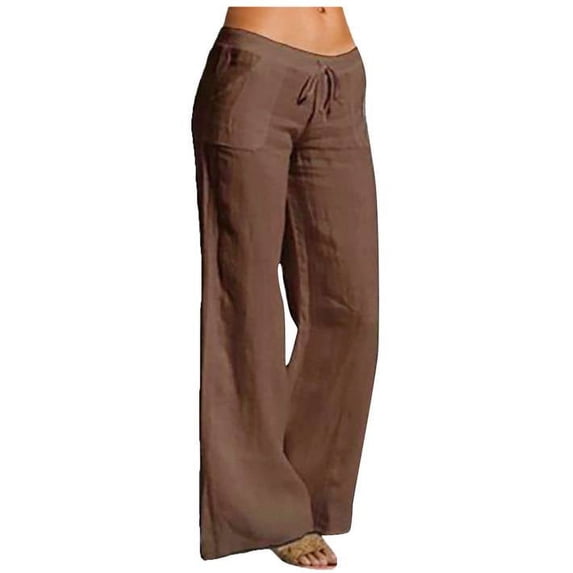 Women's Low Waist Wide Leg Linen Flare Pants Casual Drawstring Loose Plus Size Lounge Trousers with Pockets