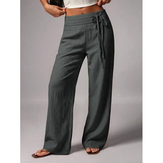Women's Low Waist Wide Leg Pants, Double Waistband Tie Flowy Trousers for Vacation, Beach, Everyday & Casual Wear