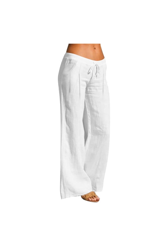 Women's Low Waist Wide Leg Pants Flowy Cotton Linen Drawstring Trousers Lightweight Gauzy Summer Beach Pants with Pockets White