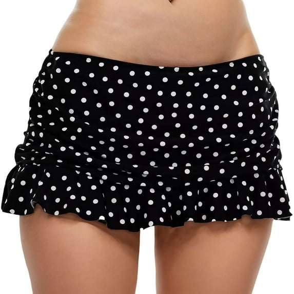 Women's Low Waisted Ruched Ruffle Mini Swim Skirts with Hipster Bikini Bottoms - Black/Polka Dot, Small