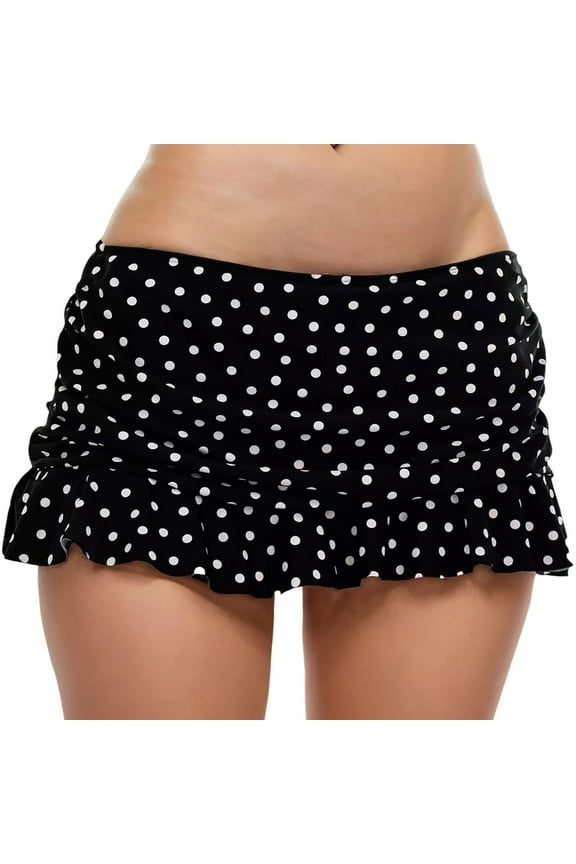 Women's Low Waisted Ruched Ruffle Mini Swim Skirts with Hipster Bikini Bottoms - Black/Polka Dot, Small