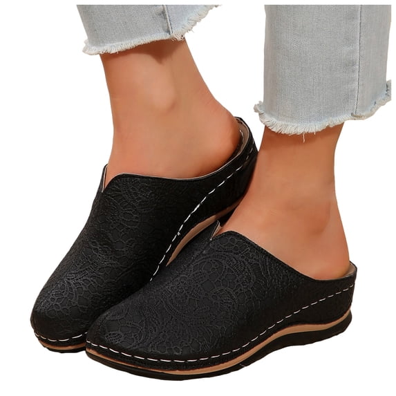 Women's Low Wedge Closed Toe Sandals Vintage Embroidery Slip On Clogs with Arch Support Non Slip Walking Mules Black Size 7.5