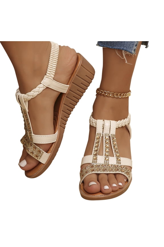 Women's Low Wedge Heel Sandals Open Toe T-Strap Rhinestone Sandals Trendy Sparkling Beautiful Sparkling Shoes for Summer