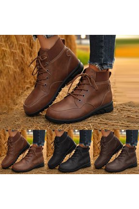 Women's Low Wedge Lace Up Ankle Boots Elastic Ankle Cuff Lightweight Non Slip Hiking Booties