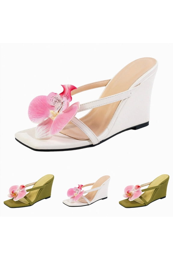 Women's Low Wedge Sandals Trendy Dressy Square Open Toe Summer Beach Flower Flip Flops Thong Heeled Travel Walking Shoes White Size 9