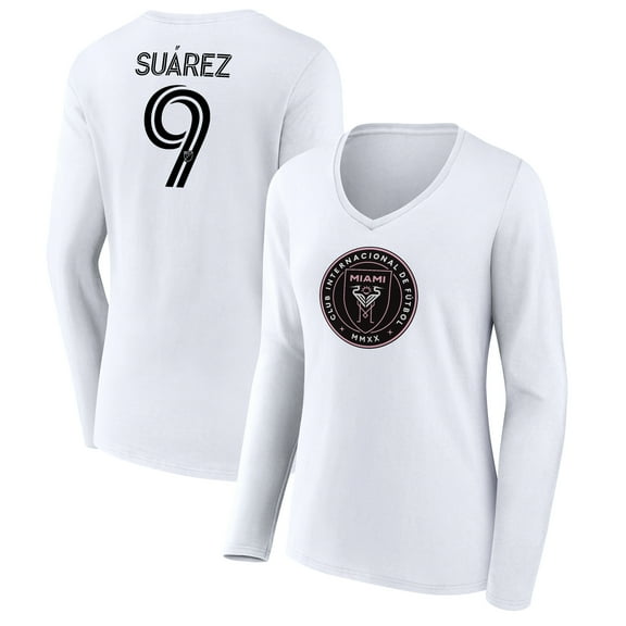 Women's Luis Su-rez White Inter Miami CF Team Authentic Player Name & Number Long Sleeve V-Neck T-Shirt