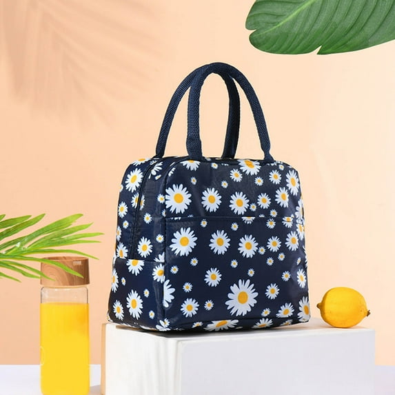 Women's Lunch Bags for Work with Chic Floral Daisy Pattern,Canvas Stylish and Insulated Black Lunch Tote Bento box Bag Carrier of On-the-Go Storage