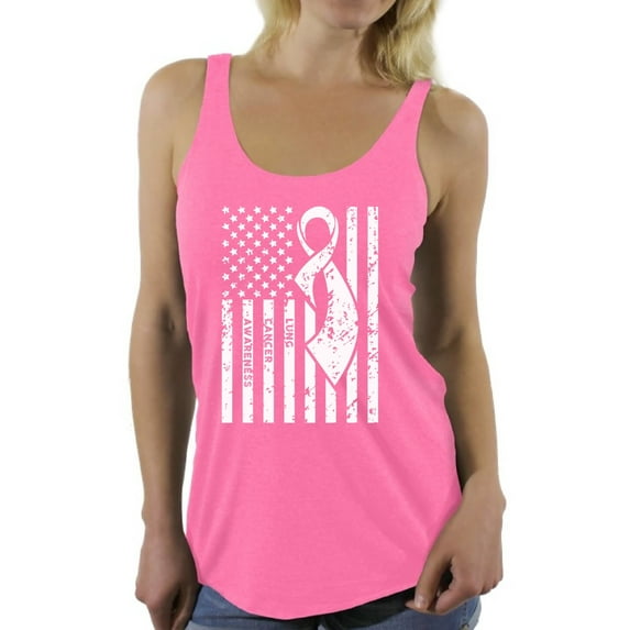 Women's Lung Cancer Awareness Graphic Racerback Tank Tops White Ribbon