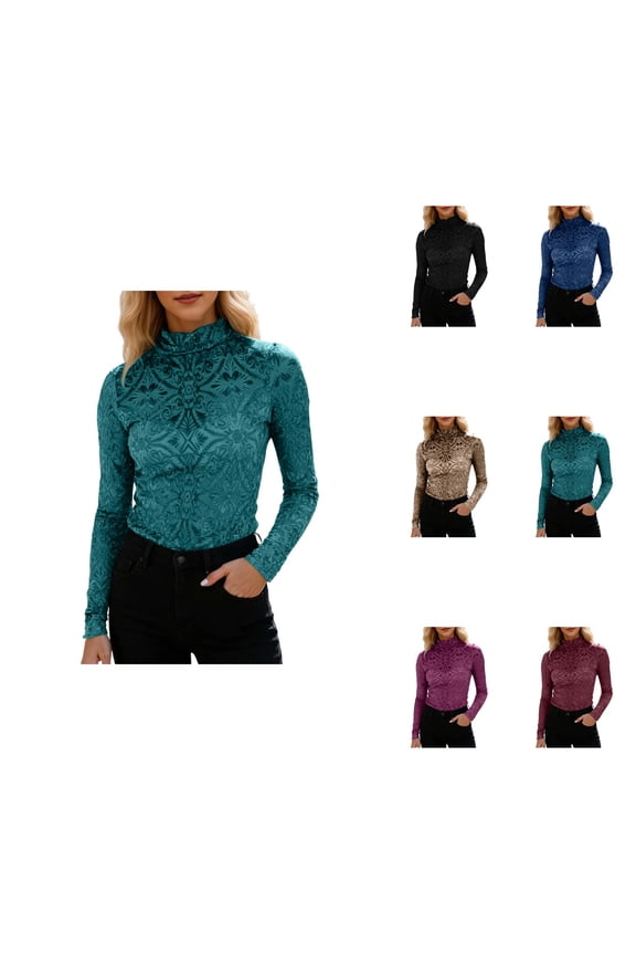 Women's Lux Velvet Burnout Pointelle Blouse – Slim Fit Turtleneck Long Sleeve Sheer Top with Textured Knit Detail