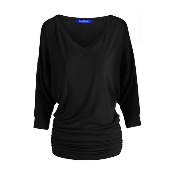 Women's Luxe Rayon V Neck Dolman 3/4 Sleeve With Side Ruched Top Lightweight fabric with Great Stretch Black 2X