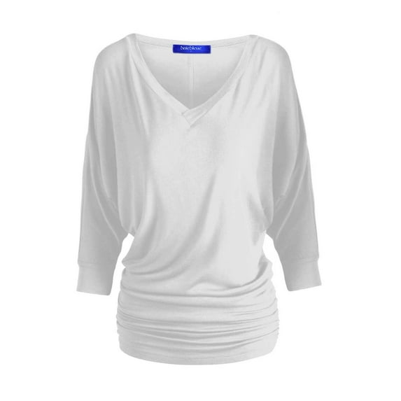 Women's Luxe Rayon V Neck Dolman 3/4 Sleeve With Side Ruched Top Lightweight fabric with Great Stretch White M