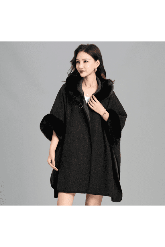 Women's Luxury Batwing Sleeve Faux Fur Hooded Cloak Poncho Sweater Cape