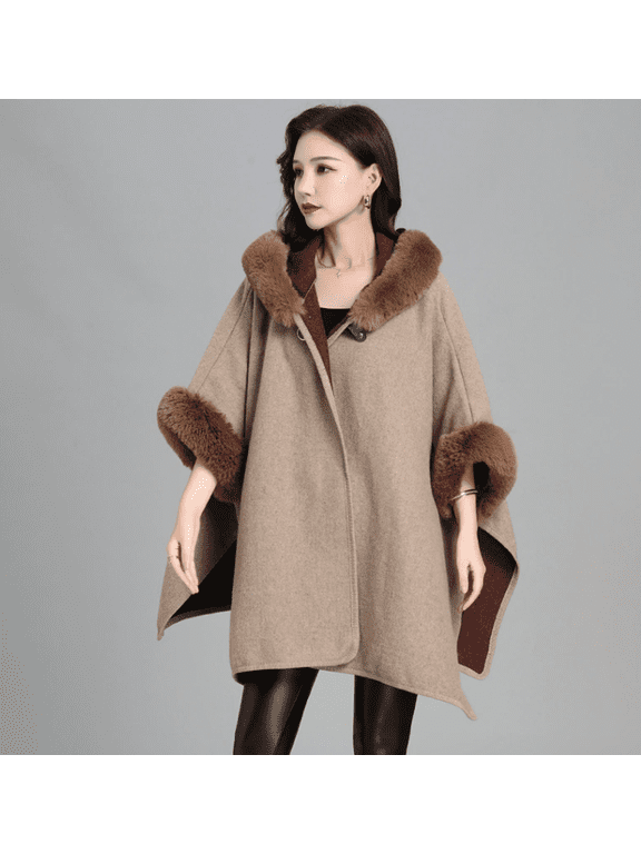 Women's Luxury Batwing Sleeve Faux Fur Hooded Cloak Poncho Sweater Cape