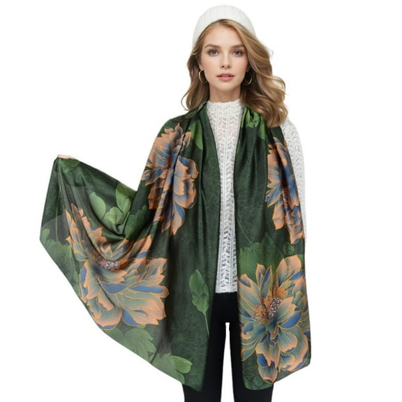 Women's Luxury Floral Pattern Satin Scarf Lightweight Silky Wrap Shawl Scarves for Evening Dresses- Green