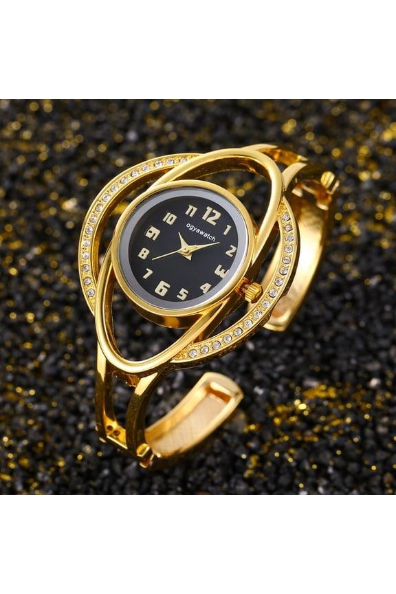 Women's Luxury Gold Bracelet Watch - Unique Orbit Design with Crystal Accents, Round Black Dial, Open Cuff Style Quartz Wristwatch for Formal Events, Casual Wear, and Daily Accessory