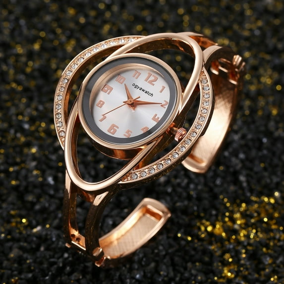 Women's Luxury Gold Bracelet Watch - Unique Orbit Design with Crystal Accents, Round Black Dial, Open Cuff Style Quartz Wristwatch for Formal Events, Casual Wear, and Daily Accessory