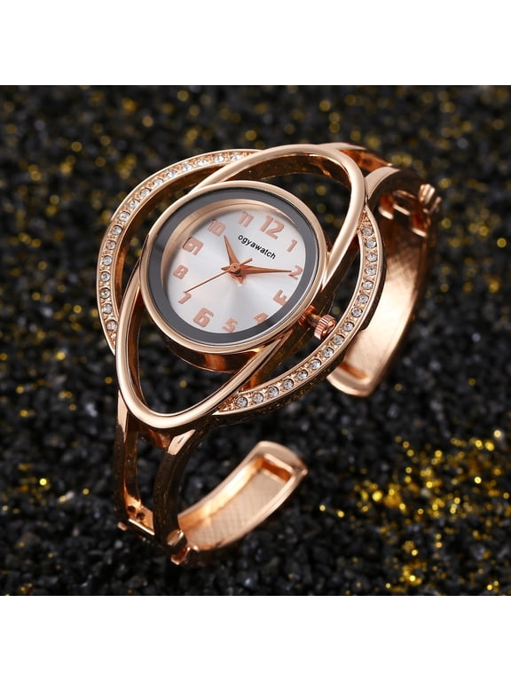 Women's Luxury Gold Bracelet Watch - Unique Orbit Design with Crystal Accents, Round Black Dial, Open Cuff Style Quartz Wristwatch for Formal Events, Casual Wear, and Daily Accessory