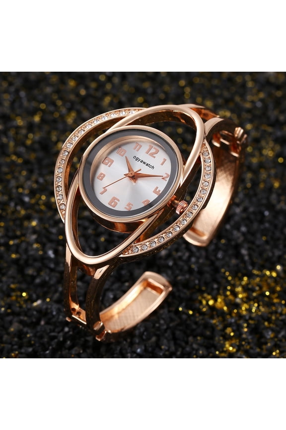 Women's Luxury Gold Bracelet Watch - Unique Orbit Design with Crystal Accents, Round Black Dial, Open Cuff Style Quartz Wristwatch for Formal Events, Casual Wear, and Daily Accessory