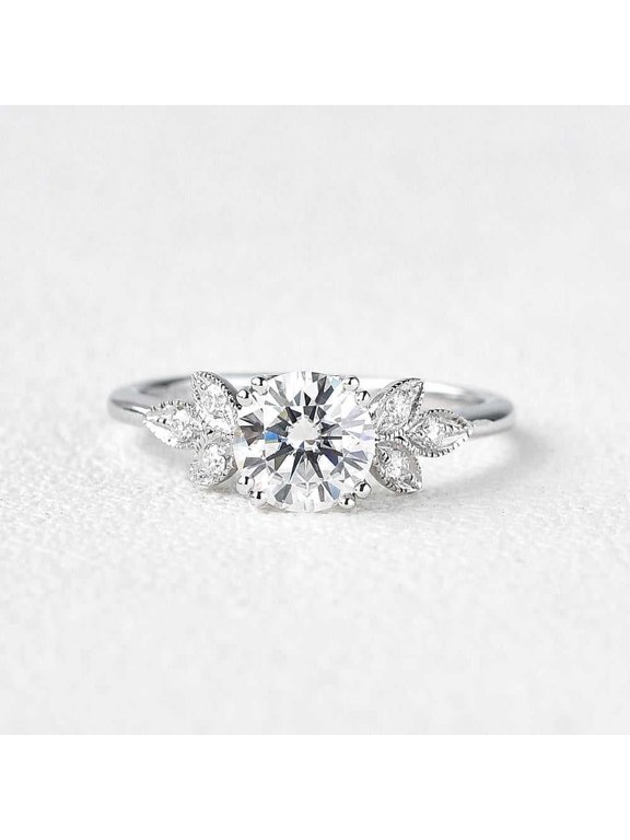 Women's Luxury Leaf Engagement Ring 1.6 Round Brilliant Cut Simulated Diamond 14K White Gold Plated