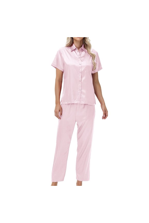 Women's Luxury Mulberry Silk Sleepwear 100% Silk Pajamas Set 06-Pink S
