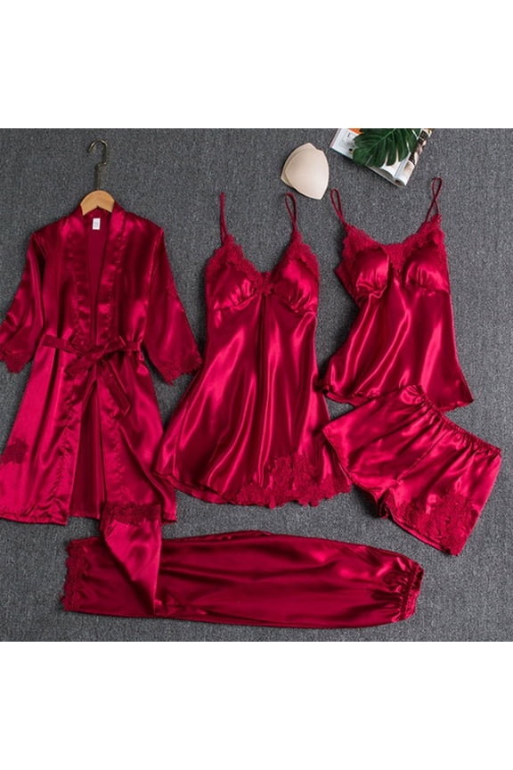 Women's Luxury Satin Silk 5-Pc Ensemble: Lace-Trimmed Vest, Shorts, Trousers & Robe Set