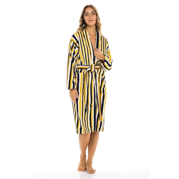 Women's Luxury Terry Cotton Bathrobe Spa Robe Bath Robes Shawl Collar Stripe Mustard XXL