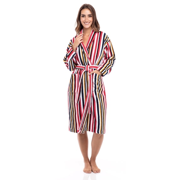 Women's Luxury Terry Cotton Bathrobe Spa Robe Bath Robes Shawl Collar Stripe Red S