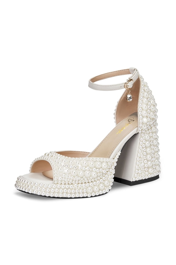 Women's Lvory White open toe pearl high-heeled sandals Chunky Buckle Ankle Strap Wedding Heeled Sandals Dress Evening Bride Shoes