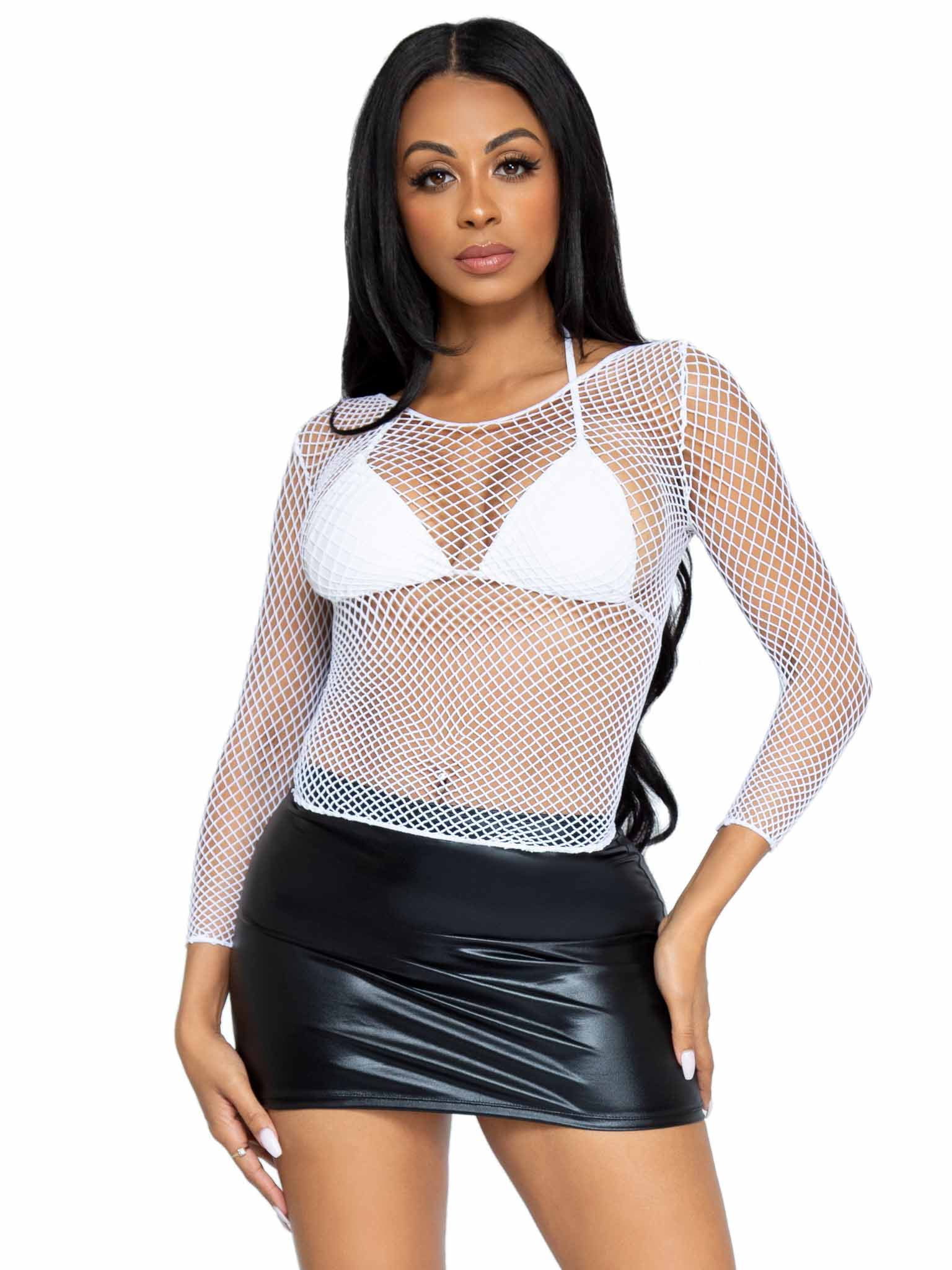 Women's Lycra Industrial Fishnet Longsleeve T-Shirt, White, One Size 