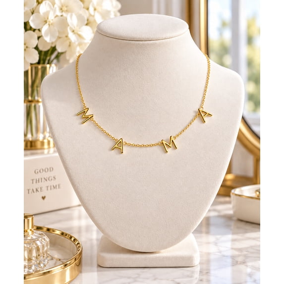 Women’s MAMA Letter Necklace, Gold or Silver-Tone Delicate Alphabet Pendant Chain Jewelry