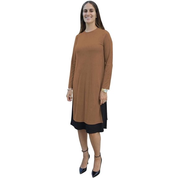 Women's MICRO SUEDE Layered Side Slit Tunic Style Below the Knee Length Midi Dress