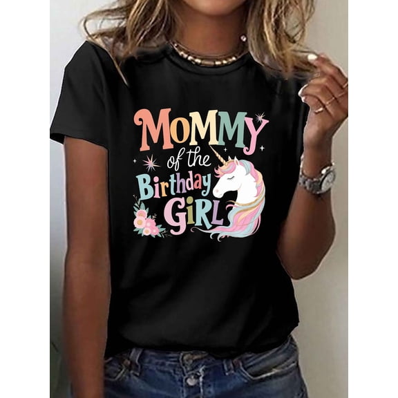 Women's "MOMMY of the BIRTHDAY " Print T-Shirt - Casual Short Sleeve Crew Neck Top Suitable for Summer & Spring, Birthday Outfits, Funny Gift for Mom & Birthday, Machine Washable Comfortable Wear