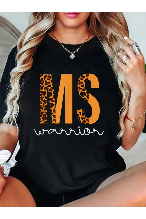 Women's MS Warrior Leopard Print Graphic T-Shirt Multiple Sclerosis Awareness Black Tee