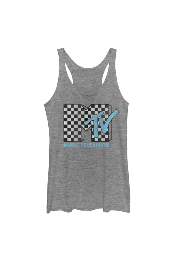 Women's MTV Checkered Logo Racerback Tank Top Gray Heather X Large