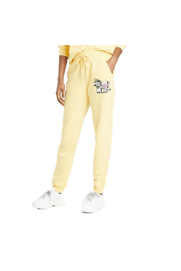 Women's MTV Floral Print Logo Graphic Jogger Pants - Yellow -(Small)
