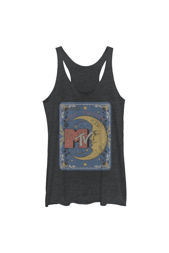 Women's MTV Moon Line Drawing Logo  Racerback Tank Top Black Heather Small