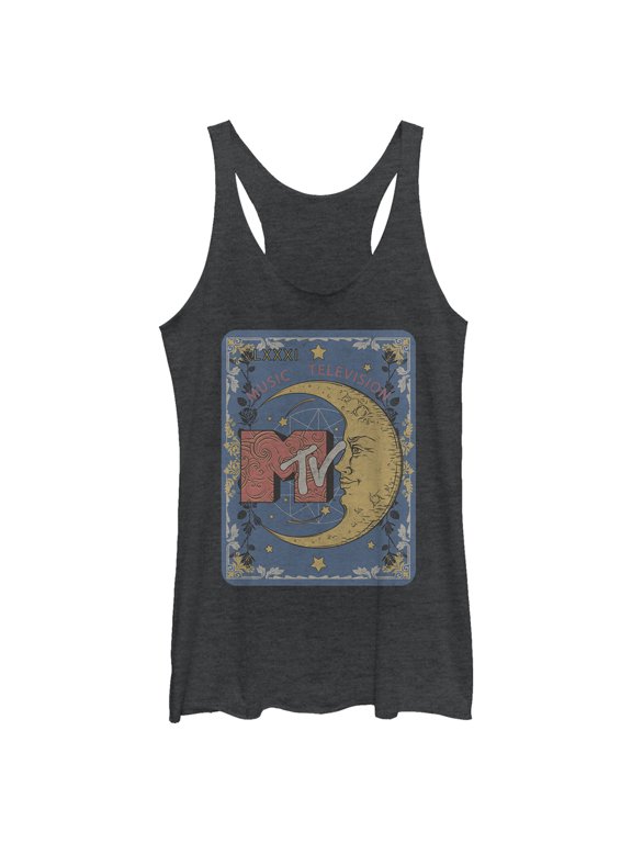 Women's MTV Moon Line Drawing Logo Racerback Tank Top Black Heather Small