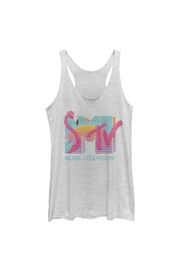 Women's MTV Retro Flamingo Logo  Racerback Tank Top White Heather Medium