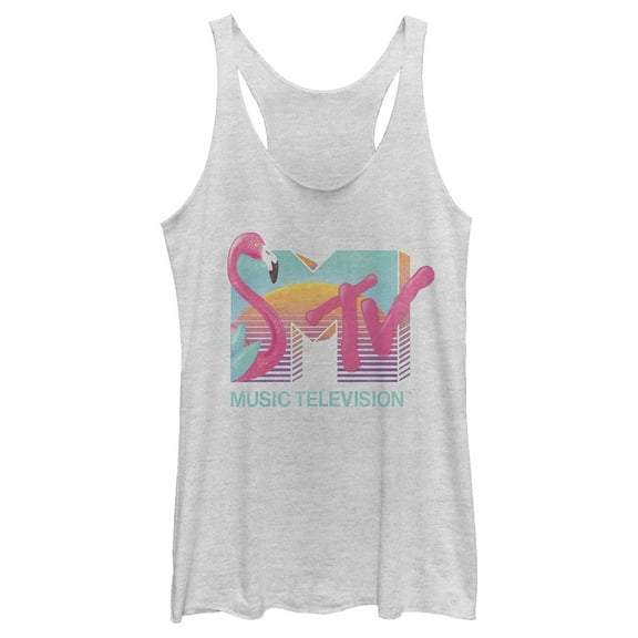 Women's MTV Retro Flamingo Logo  Racerback Tank Top White Heather Small