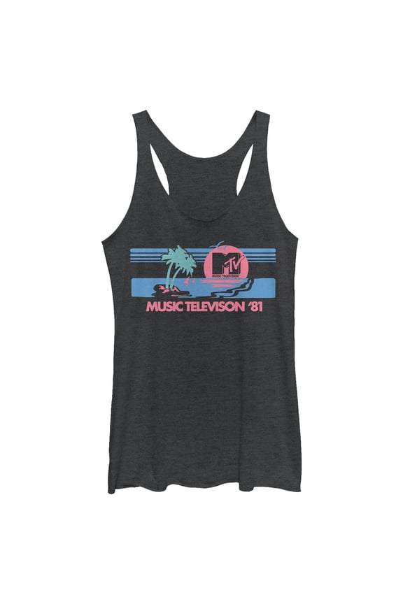 Women's MTV Spring Break 1981 Sunset Racerback Tank Top Black Heather Large
