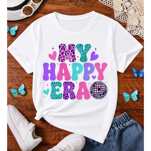 Women's MY HAPPY ERA Graphic T-Shirt, Colorful Bubble Letter Print Short Sleeve Tee, Cute Casual Crew Neck Top, Soft Lightweight Summer Shirt