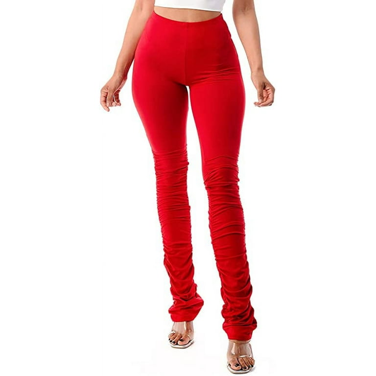 Women's Made in USA Comfortable Stretch High Waist Stacked Bottom Leggings  Pants (Red, Large)…