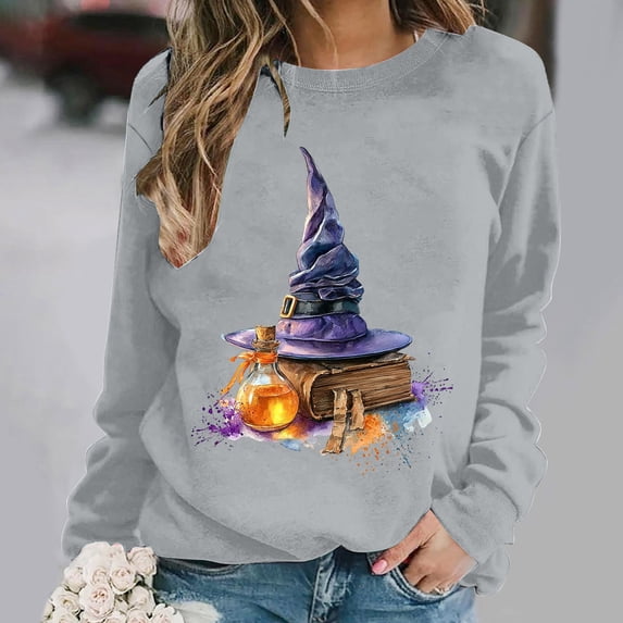 Women's Magic Potion Witch Hat Sweatshirts Halloween Graphic Pullover Tops Casual Crewneck Long Sleeve Shirts Comfy Fall Clothes Novelty Holiday Apparel