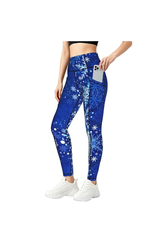 Women's Magical Blue Snowflake High Waisted Yoga Leggings with Pockets, Tummy Control Non See Yoga Pants Small
