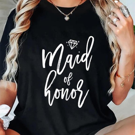 Women's Maid of Honor Graphic Comfortable T Shirt Cotton Short Sleeve Round Neck Top Black S-5XL