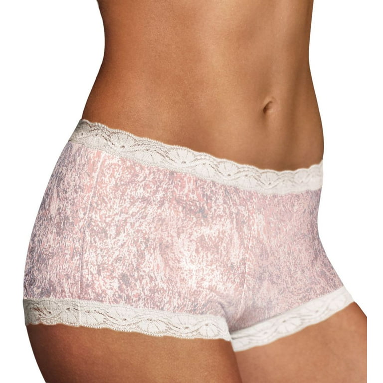 Women's Maidenform 40760 Classics Microfiber and Lace Boyshort Panty  (Gentle Peach/Ivory 8)